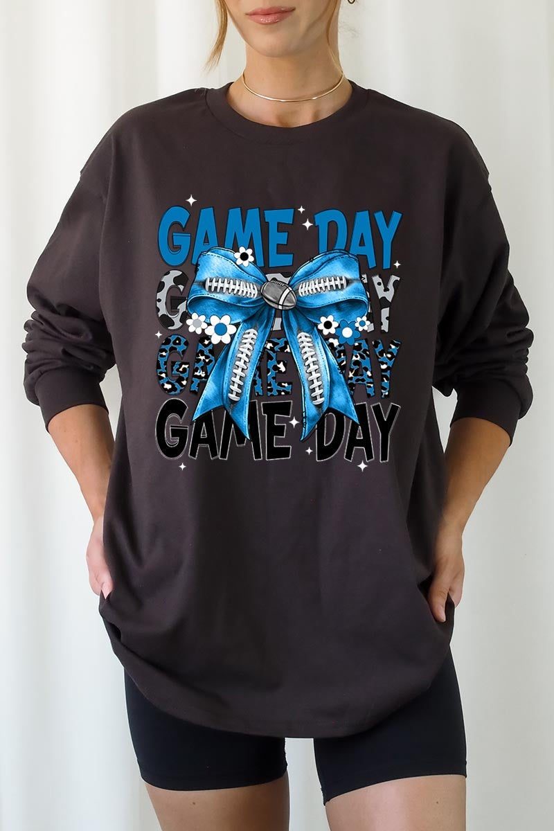 UL240-E3089 Blue Silver Football Game Day Bow Long Sleeve Tee $13.75