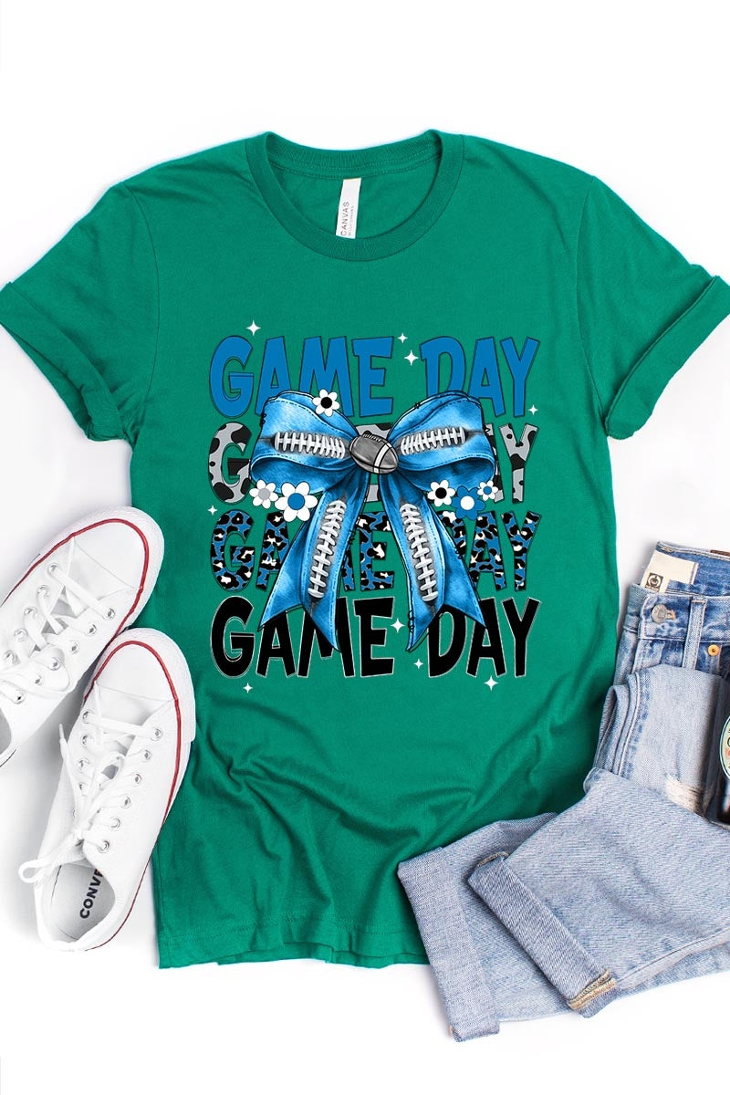 US3001P-E3089 Blue Silver Football Game Day Bow Graphic Plus Tee $16