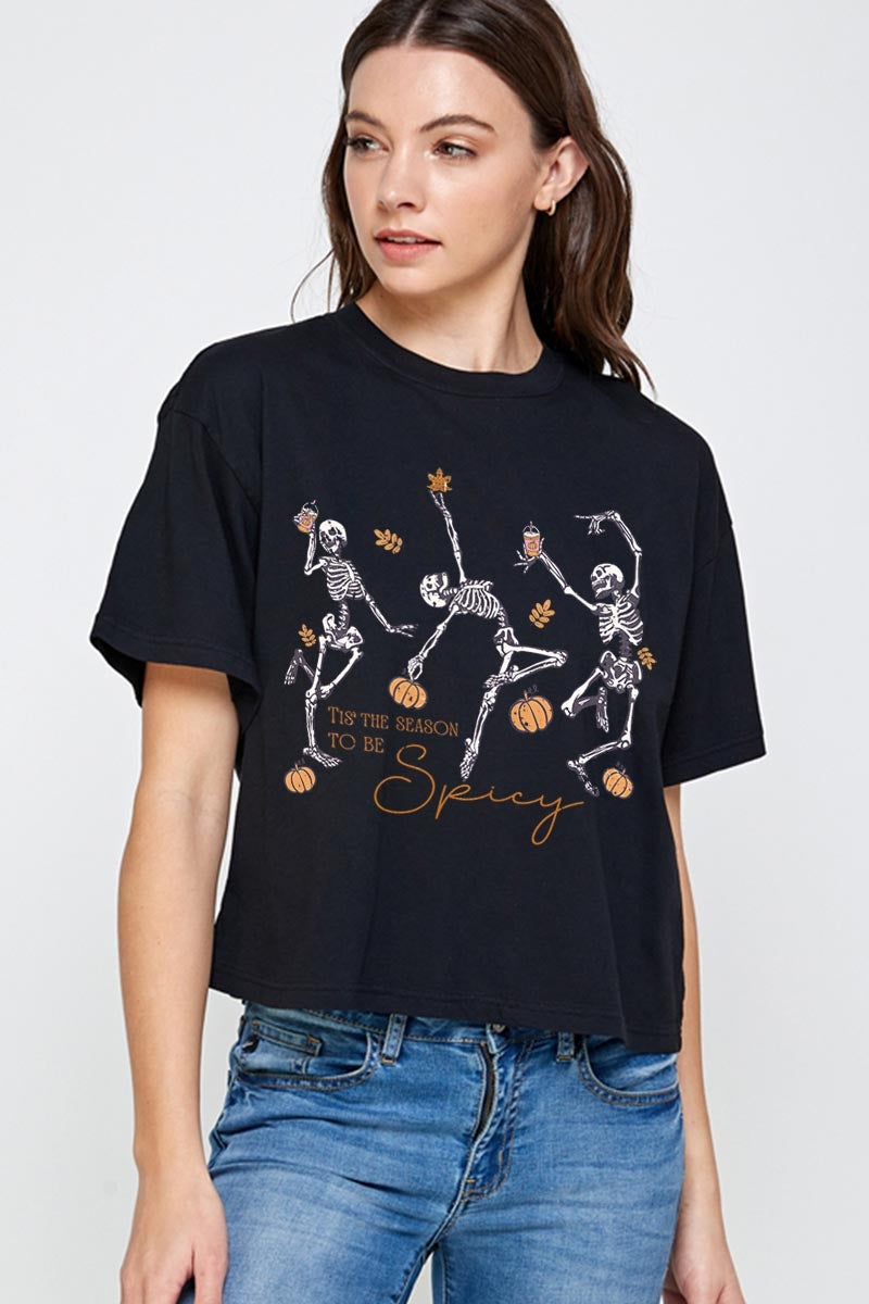 CTS-E3123 Halloween Skeleton Graphic Relaxed Crop Top $11