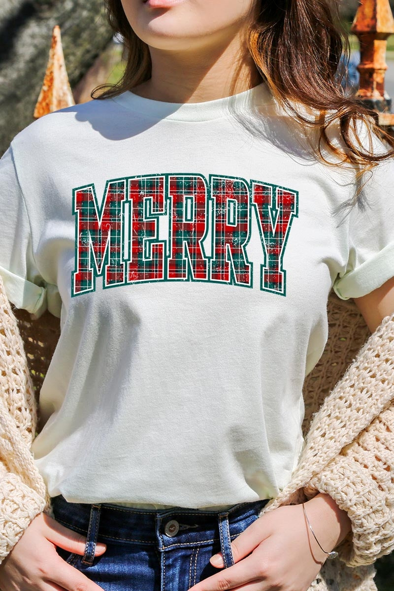US3001P-E3210 Classic Plaid Merry Graphic Plus Tee $16