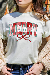 US3001P-E3206 Plaid Merry Christmas Bow Graphic Plus Tee $16