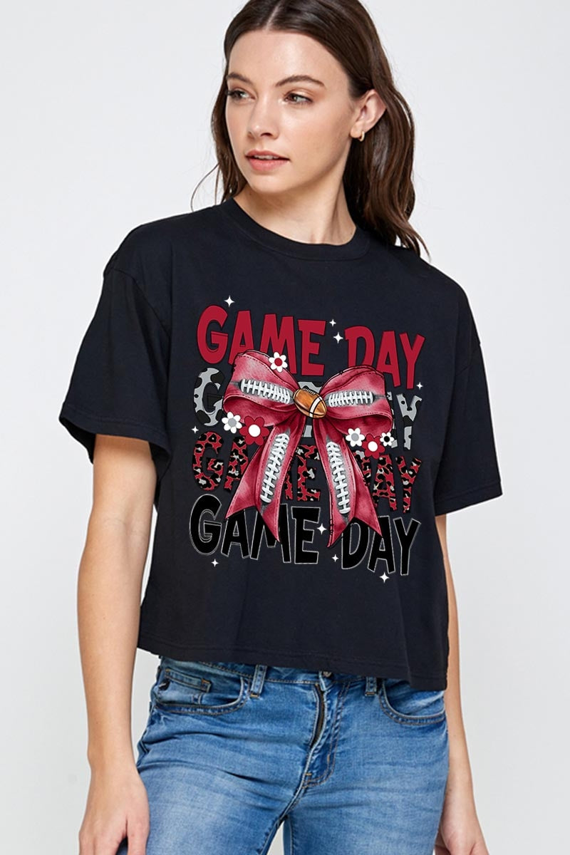 CTS-E3093 Red Silver Football Game Day Bow Relaxed Crop Top $11