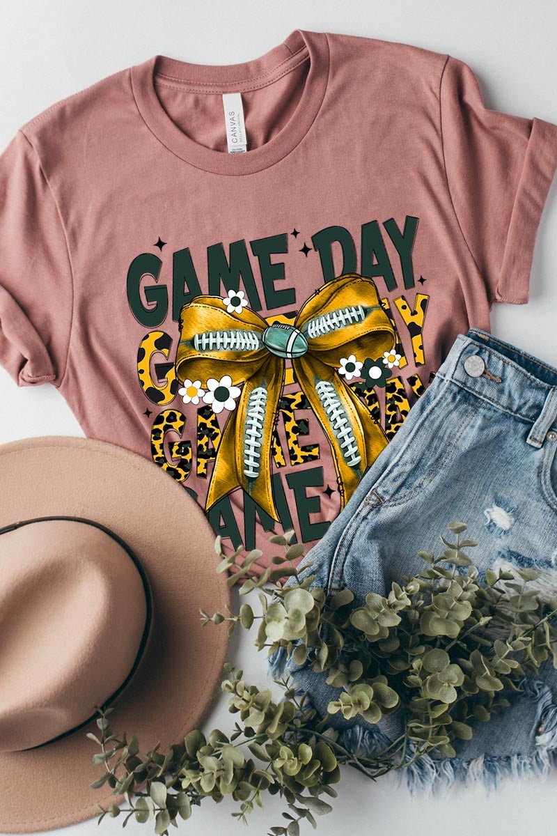 US3001-E3090 Yellow Football Game Day Bow Graphic Tee $12.5