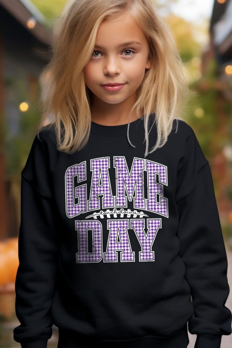 UL180B-E3127Z Purple Gingham Game Day Kids Graphic Sweatshirt $20