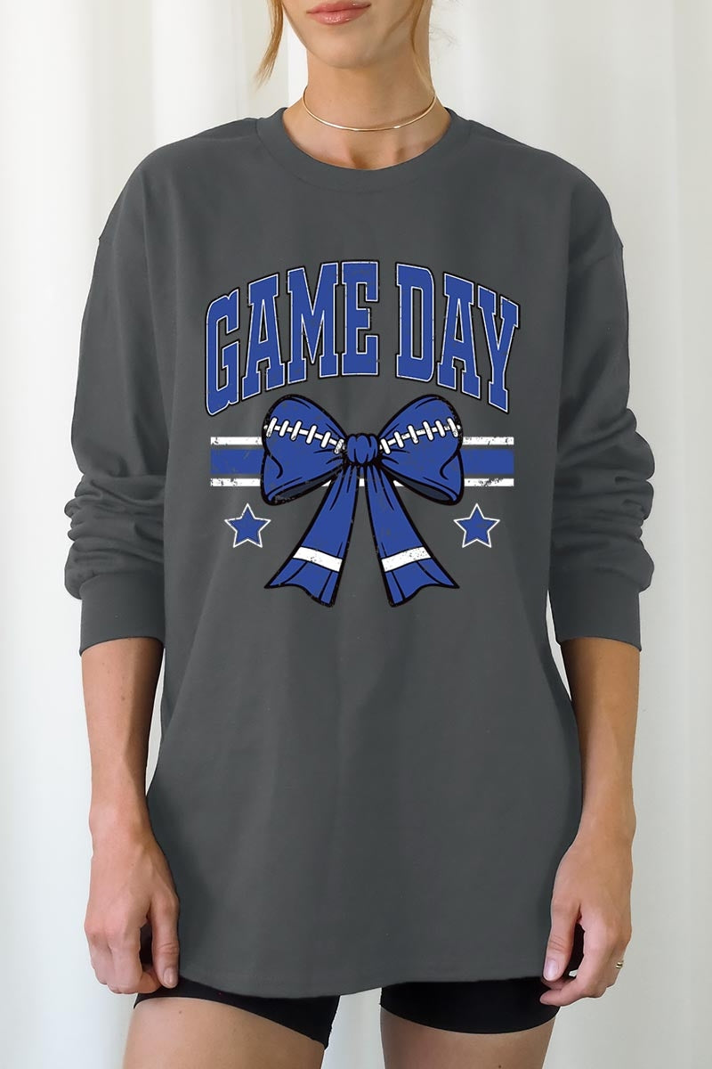 UL240-E3065 Blue Game Day Football Bow Graphic Long Sleeve Tee $13.75