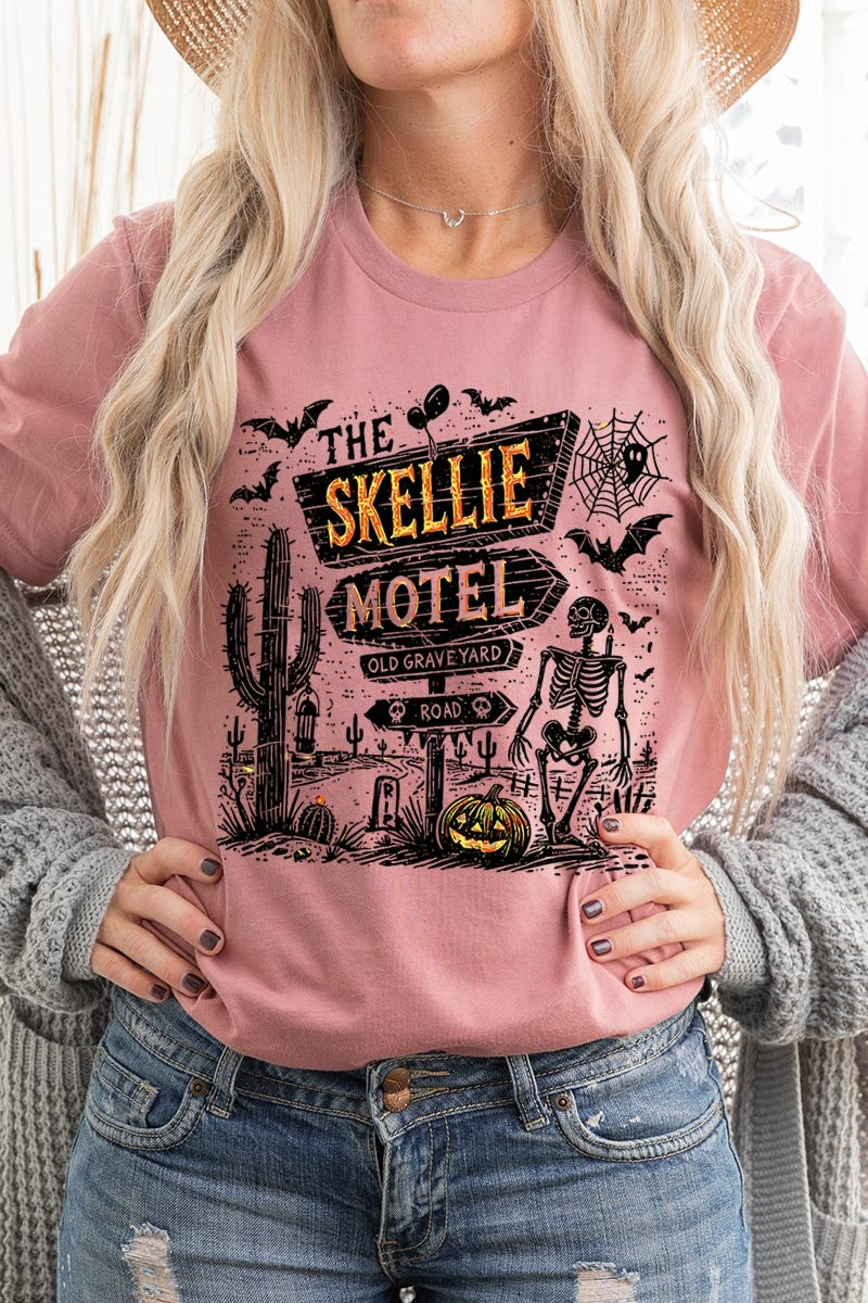 US3001-E3108 Skellie Motel Halloween Graphic Tee $12.5