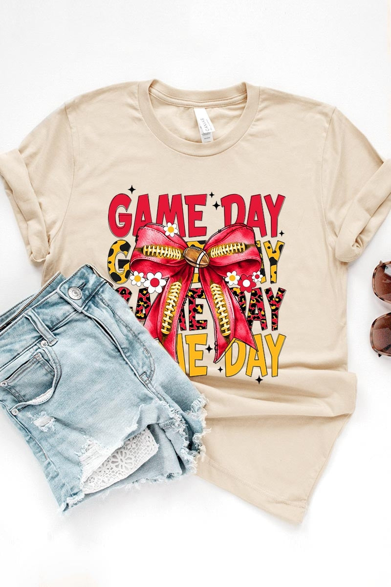US3001-E3091 Red Yellow Football Game Day Bow Graphic Tee $12.5