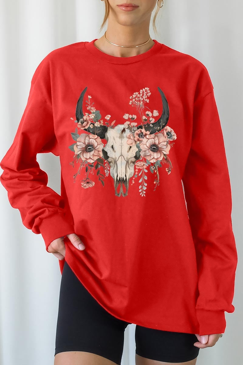 UL240P-E3113 Western Skull Floral Graphic Plus Long Sleeve Tee $17