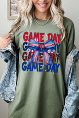 5000-E3087 Red Blue Football Game Day Bow Heavy Cotton Tee $9