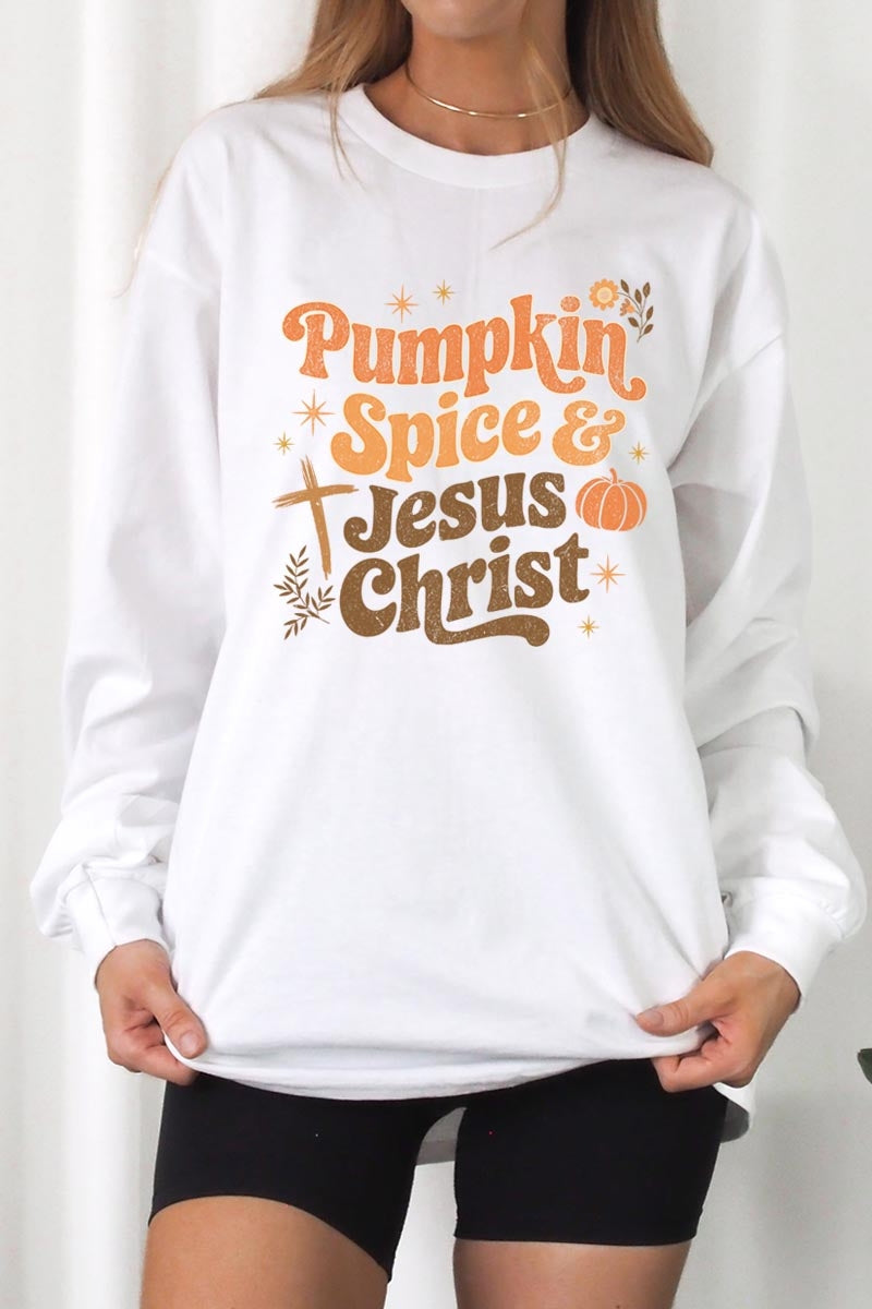 UL240P-E3164 Pumpkin Spice & Jesus Graphic Plus Long Sleeve Tee $17
