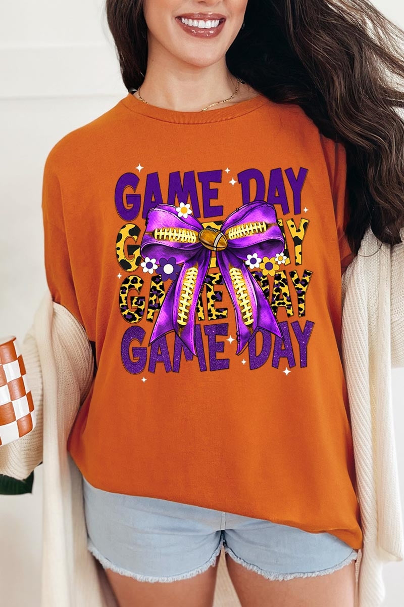5000P-E3092 Purple Yellow Football Bow Plus Heavy Cotton Tee $12.75