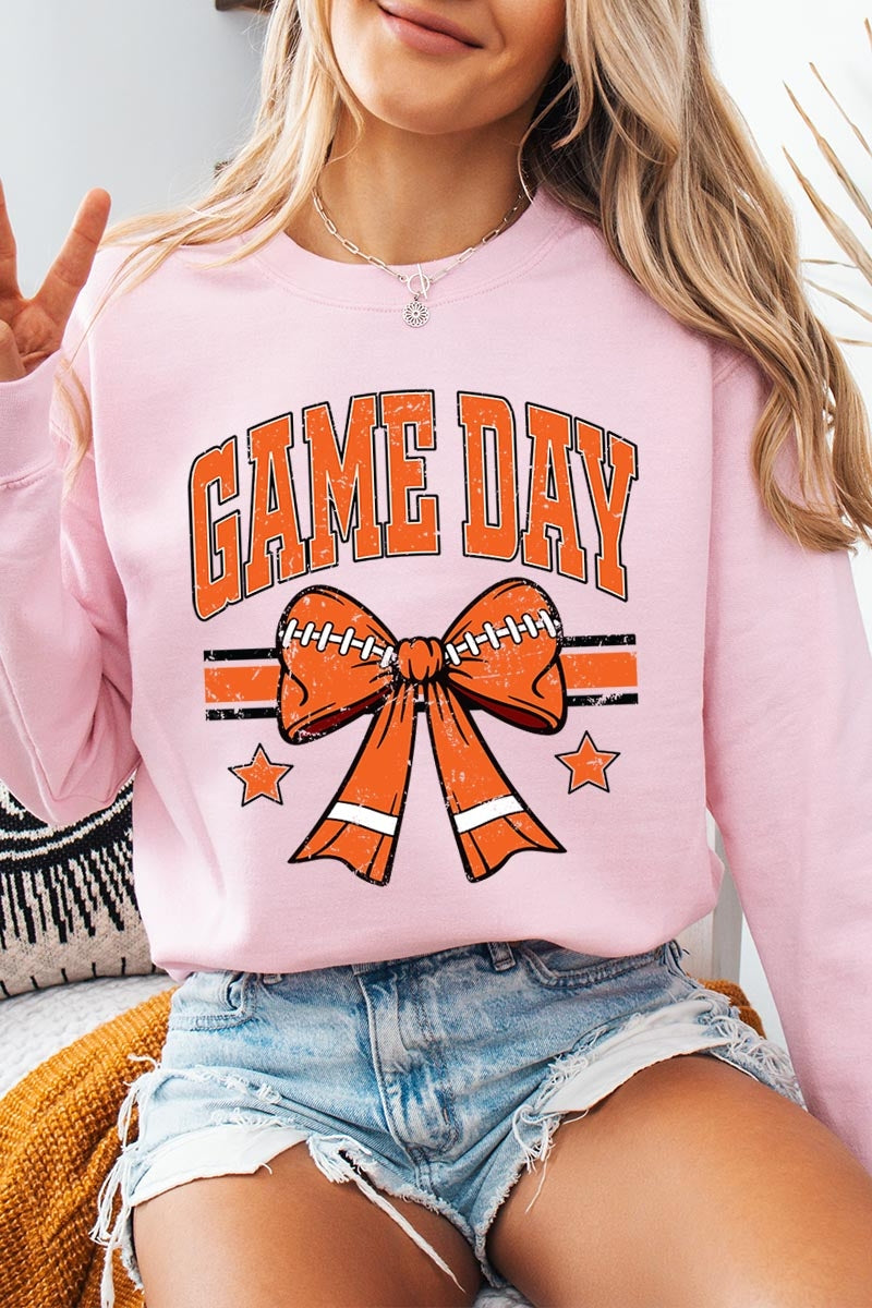 UL180P-E3064 Orange Game Day Football Bow Plus Sweatshirt $25