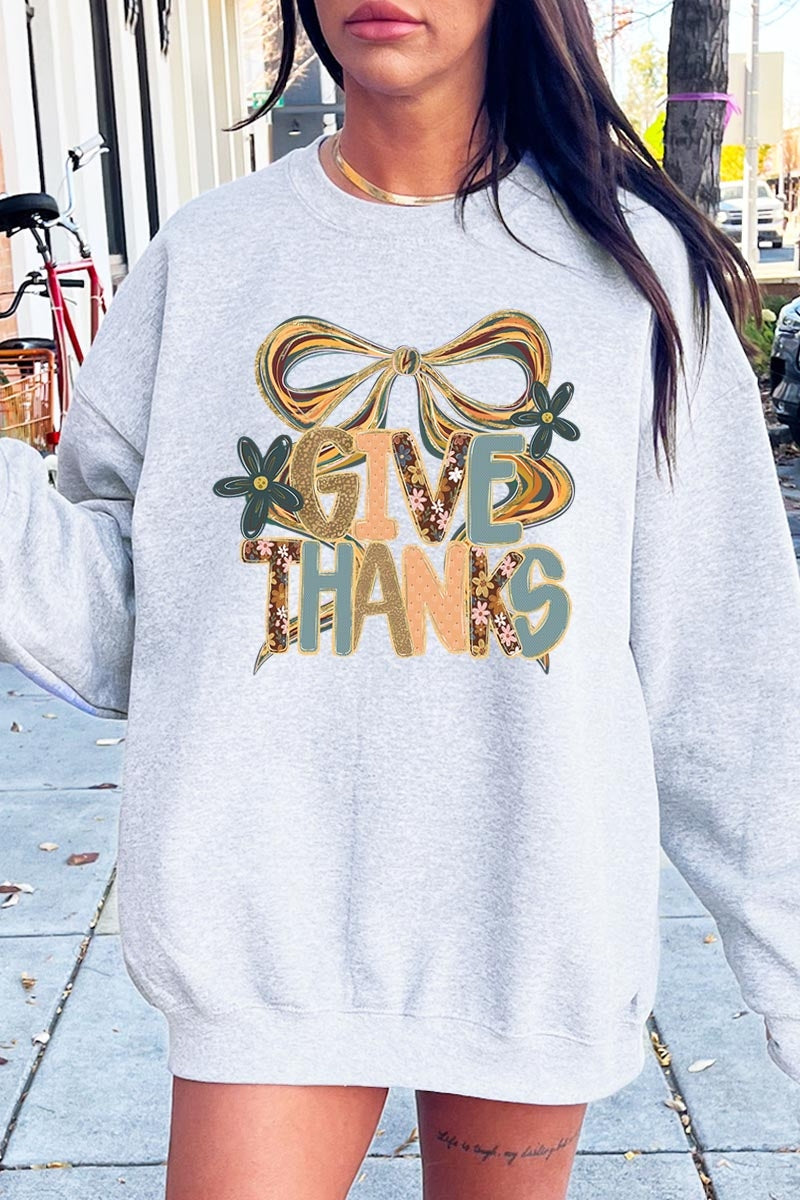 UL180P-E3154 Give Thanks Bow Graphic Plus Sweatshirt $25