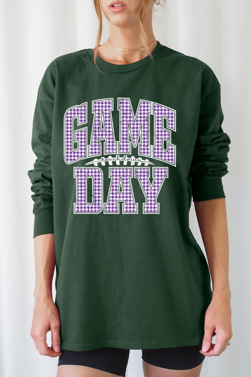 UL240-E3127 Purple Gingham Game Day Graphic Long Sleeve Tee $13.75
