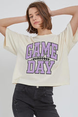 CTS-E3127 Purple Gingham Game Day Graphic Relaxed Crop Top $11