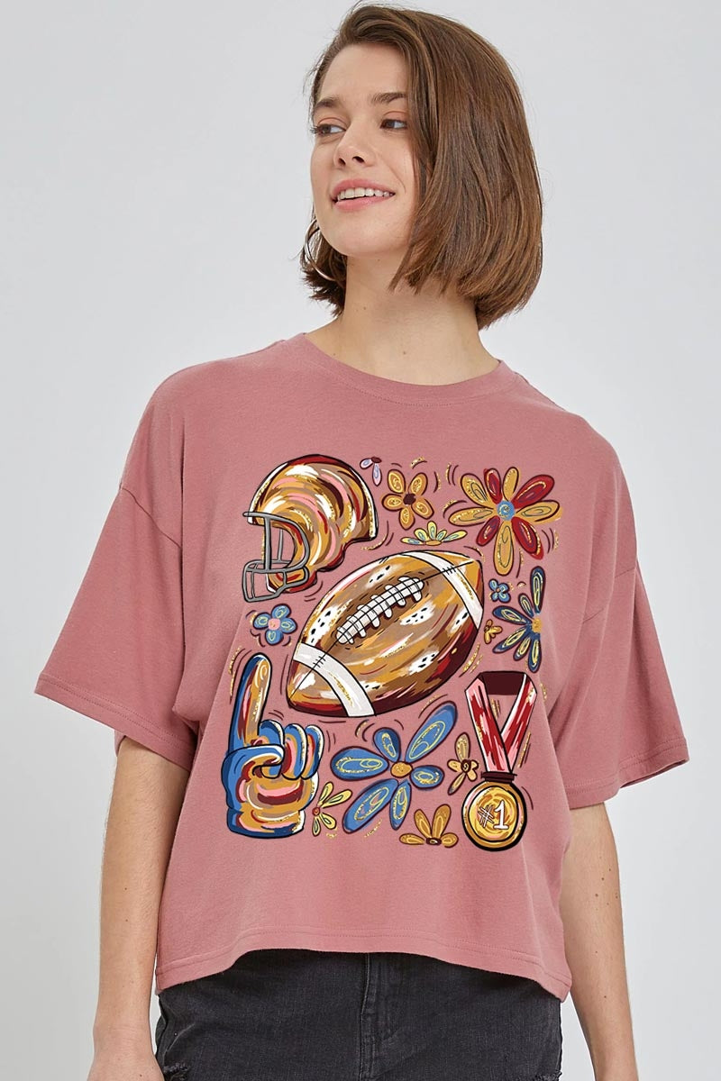 CTS-E3072 Retro Floral Football Graphic Relaxed Crop Top $11