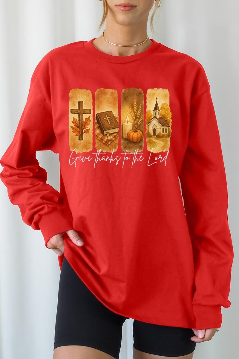 UL240-E3169 Give Thanks To The Lord Graphic Long Sleeve Tee $13.75