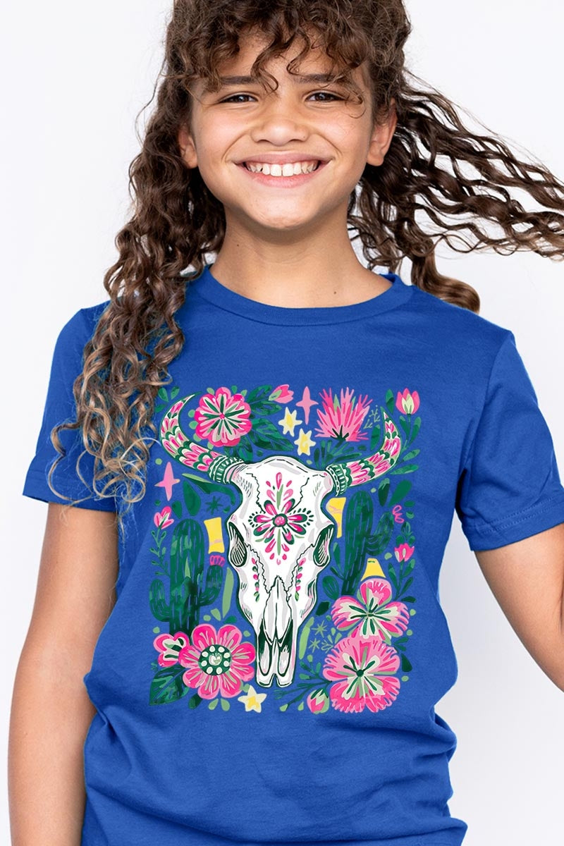 US3001Y-E3086Z Western Floral Cow Skull Kids Graphic Tee $11