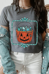 US3001-E3140 Halloween turquoise pumpkin Graphic Tee $12.5