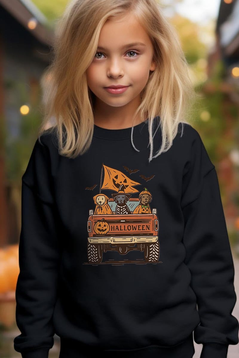 UL180B-E3150Z Halloween Truck Dogs Kids Graphic Sweatshirt $20