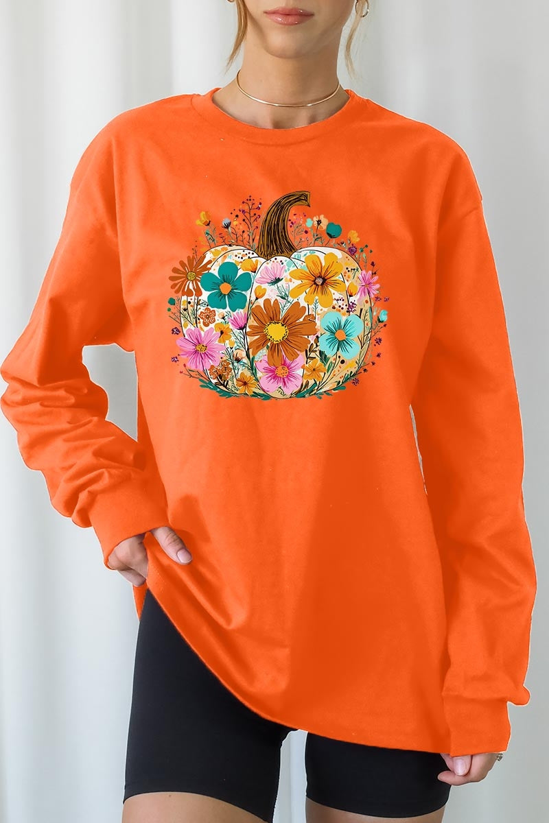 UL240-E3118 Floral Pumpkin Graphic Long Sleeve Tee $13.75