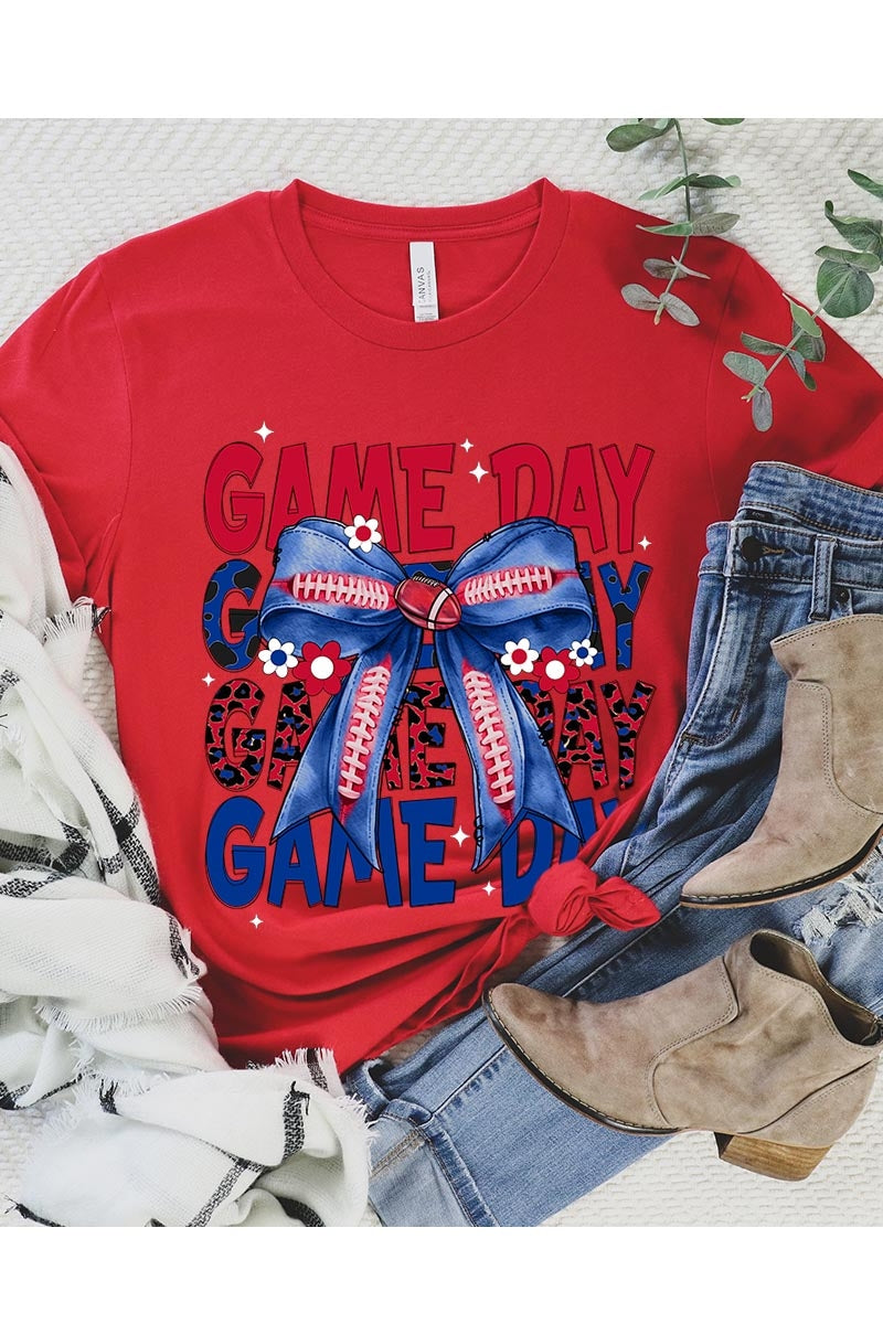 US3001-E3087 Red Blue Football Game Day Bow Graphic Tee $12.5