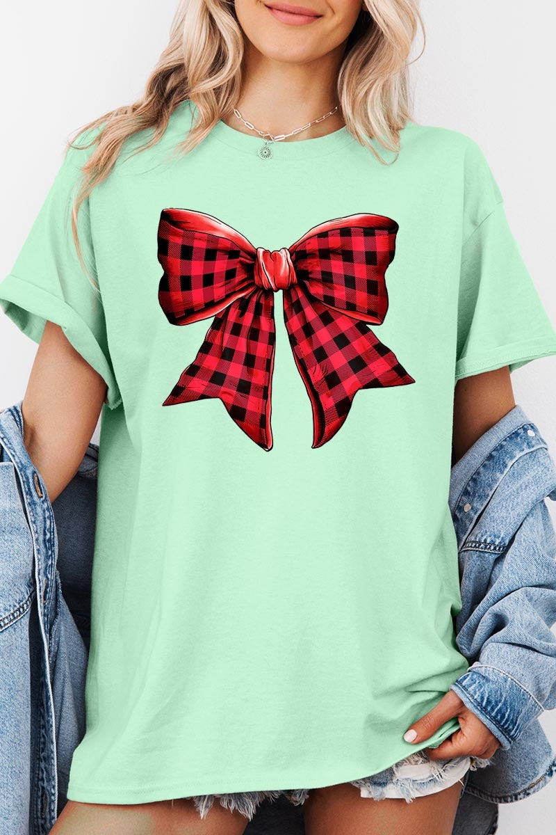 5000-E3198 Red Buffalo Plaid Bow Graphic Heavy Cotton Tee $9