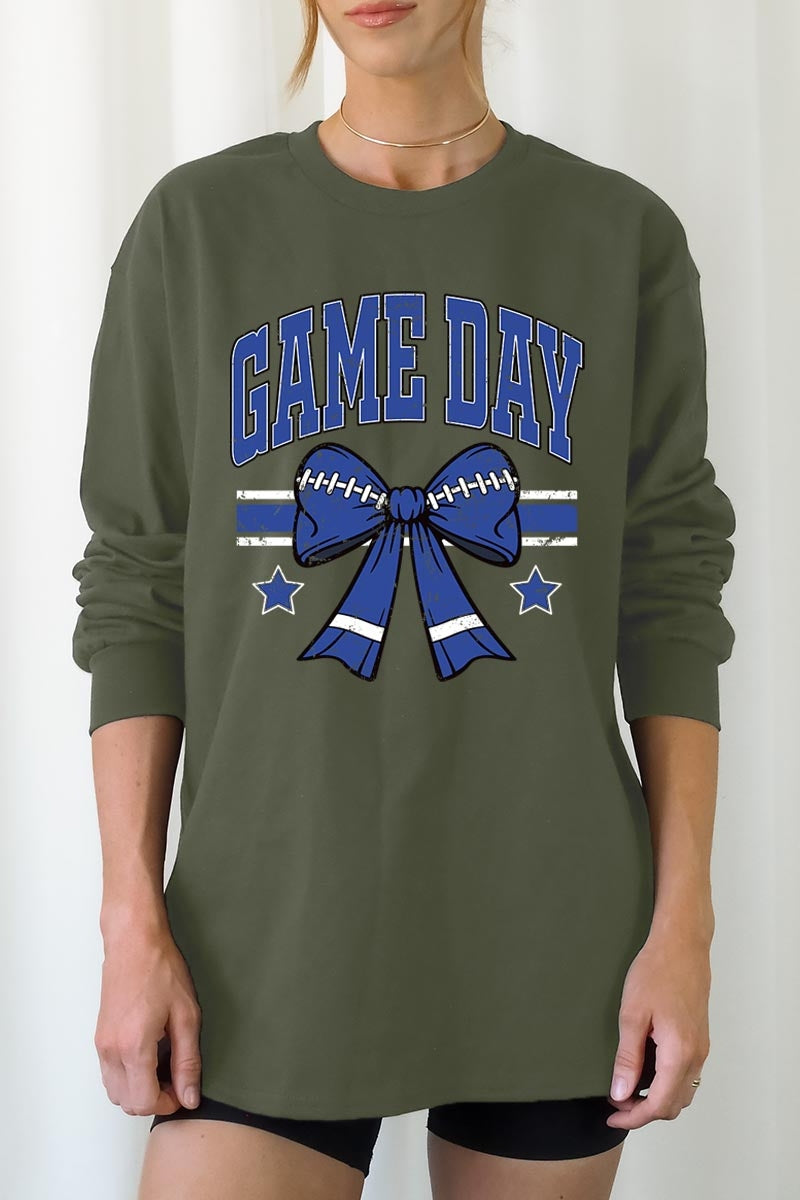 UL240P-E3065 Blue Game Day Football Bow Plus Long Sleeve Tee $17
