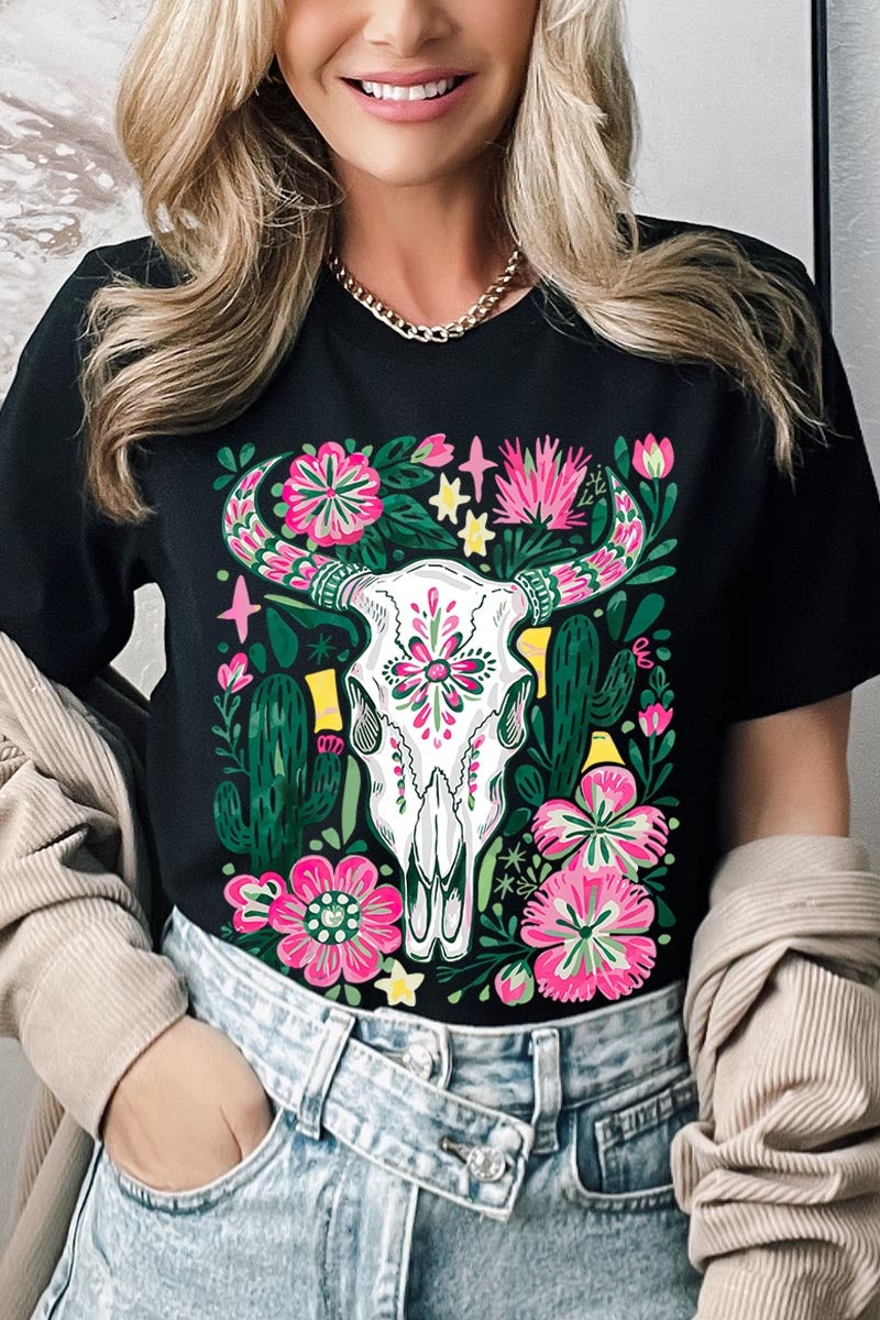 US3001P-E3086 Western Floral Cow Skull Graphic Plus Tee $16