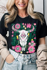 US3001P-E3086 Western Floral Cow Skull Graphic Plus Tee $16