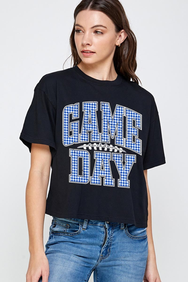 CTS-E3130 Blue Gingham Game Day Graphic Relaxed Crop Top $11