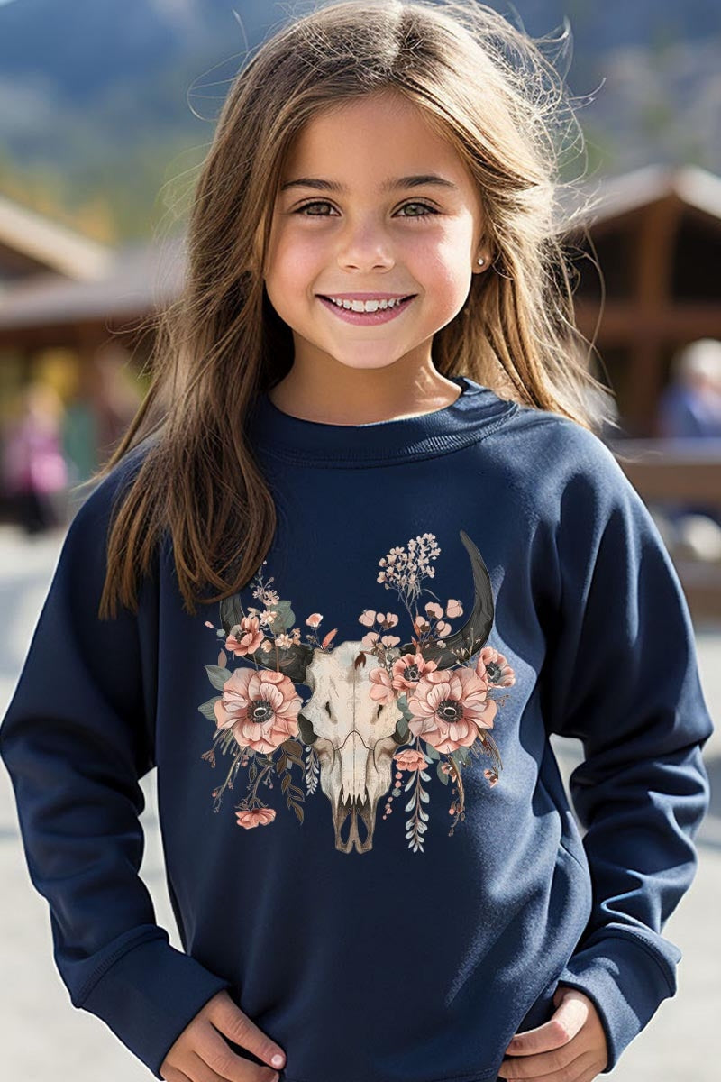 UL180B-E3113Z Western Skull Floral Kids Graphic Sweatshirt $20