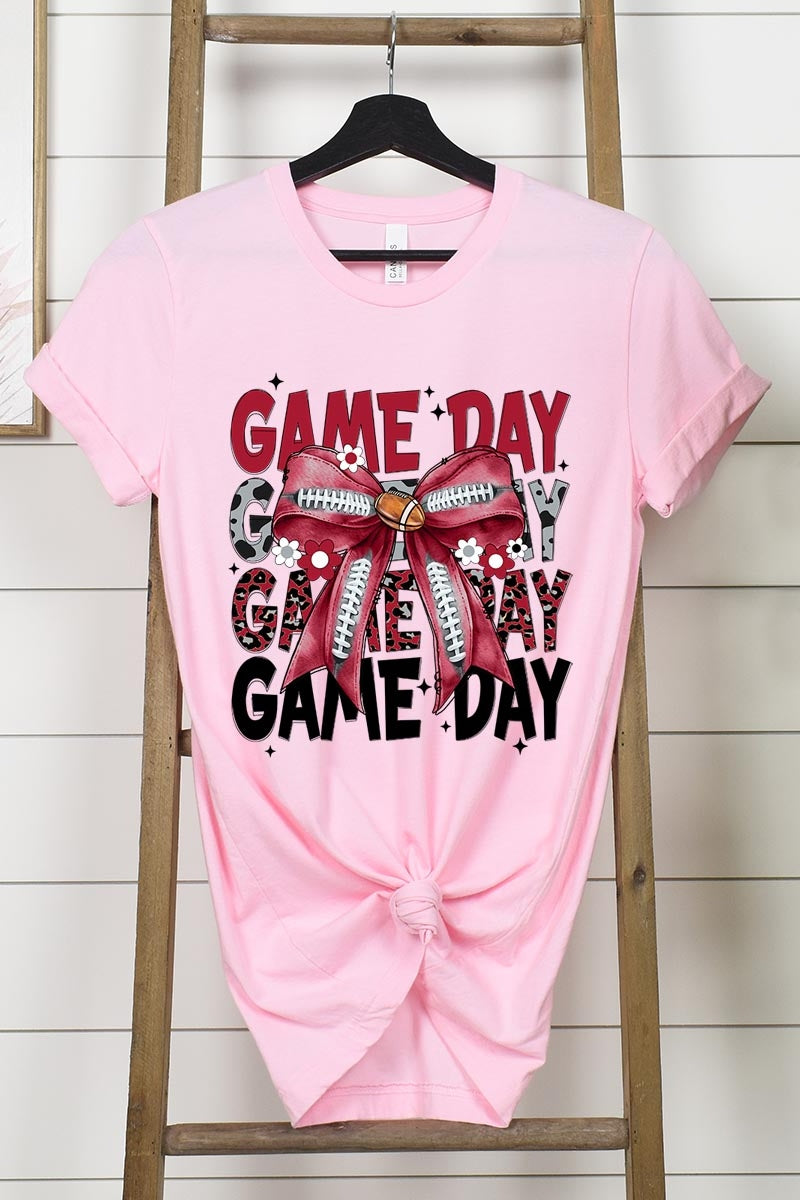 US3001-E3093 Red Silver Football Game Day Bow Graphic Tee $12.5