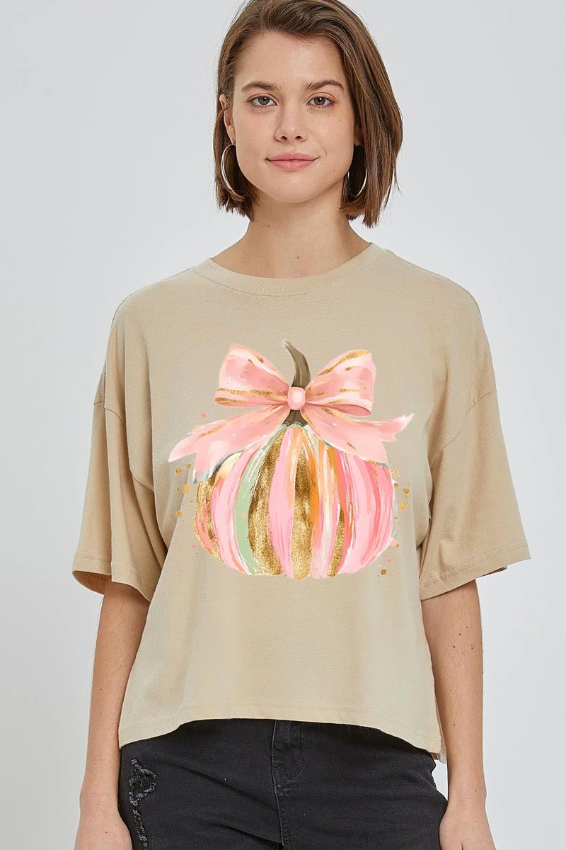 CTS-E3083 Brushstroke Pumpkin Graphic Relaxed Crop Top $11