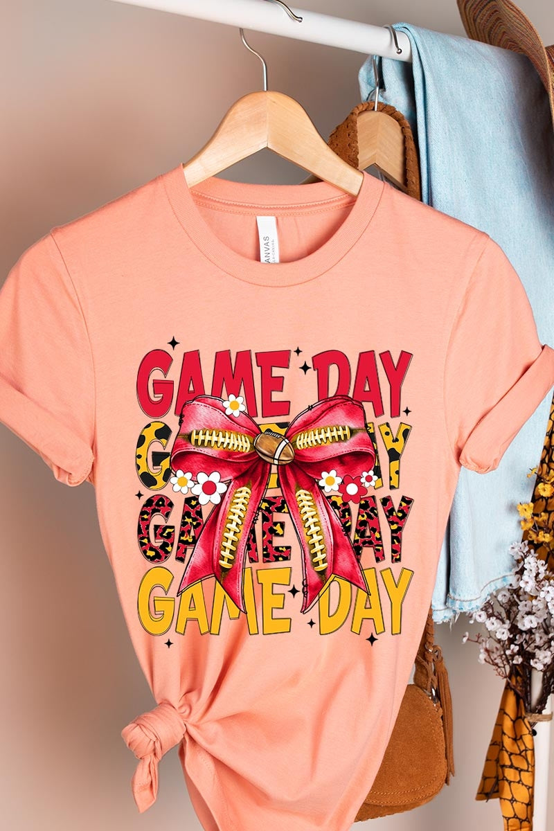 US3001-E3091 Red Yellow Football Game Day Bow Graphic Tee $12.5