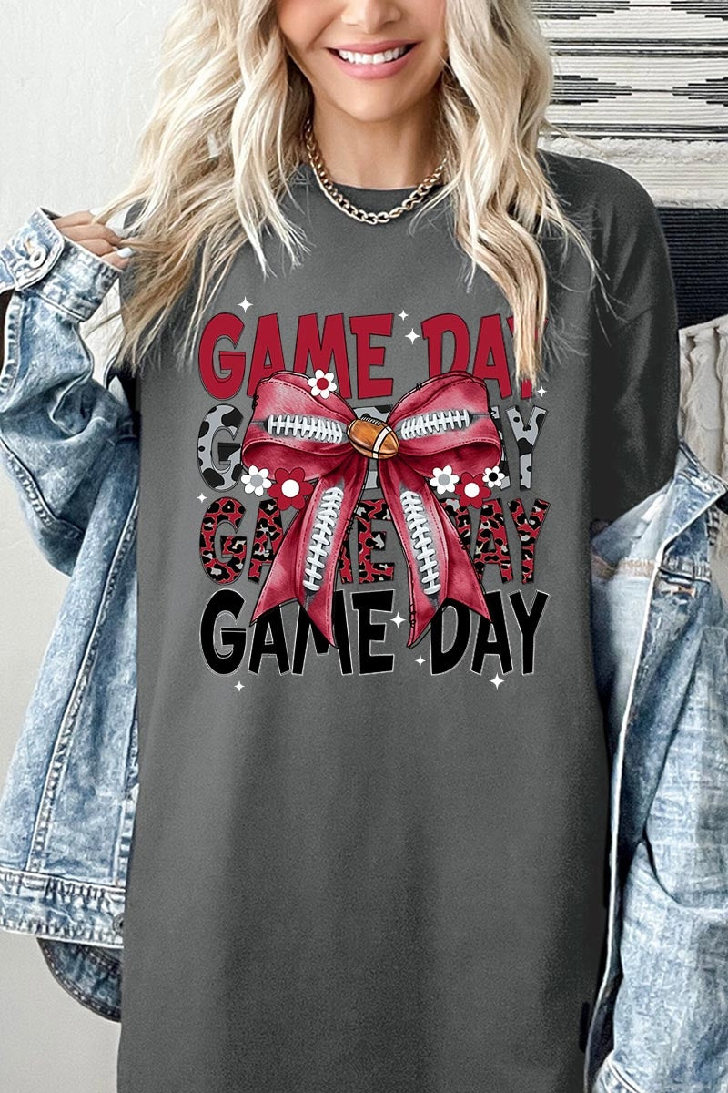 5000-E3093 Red Silver Football Game Day Bow Heavy Cotton Tee $9