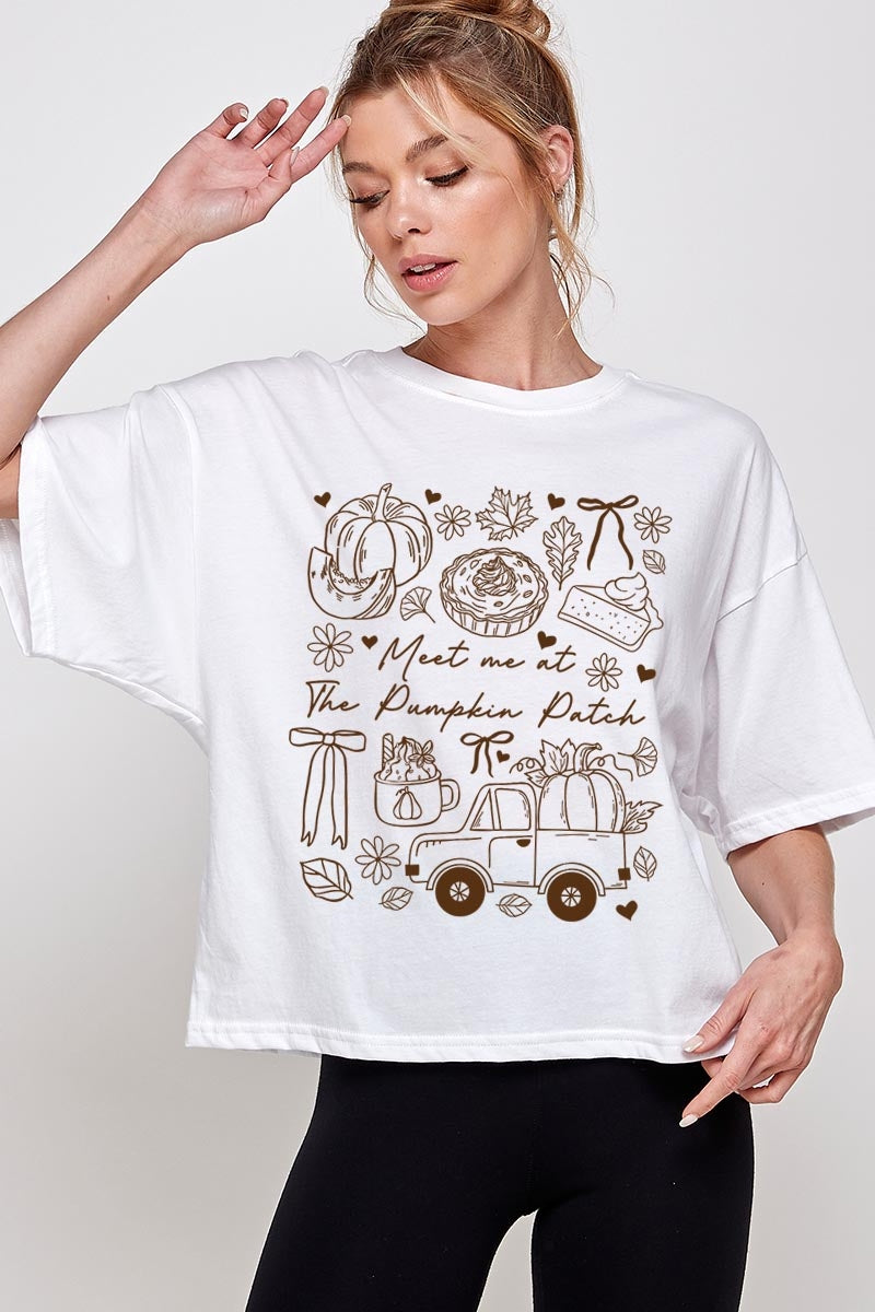 CTS-E3163 Pumpkin Patch Doodle Graphic Relaxed Crop Top $11