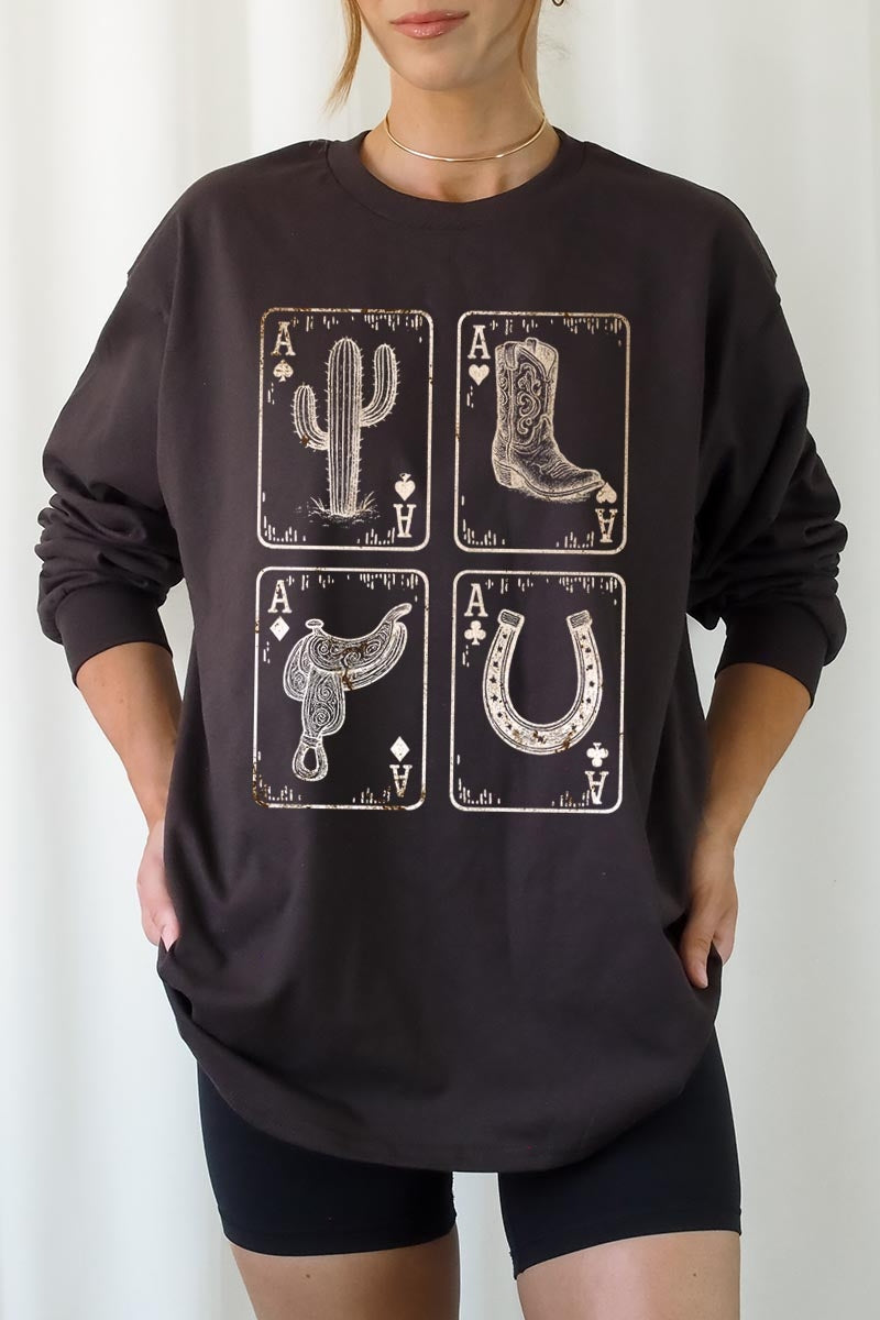 UL240-E3094 Western Cowgirl Card Graphic Long Sleeve Tee $13.75
