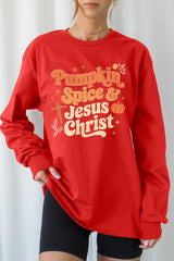 UL240P-E3164 Pumpkin Spice & Jesus Graphic Plus Long Sleeve Tee $17