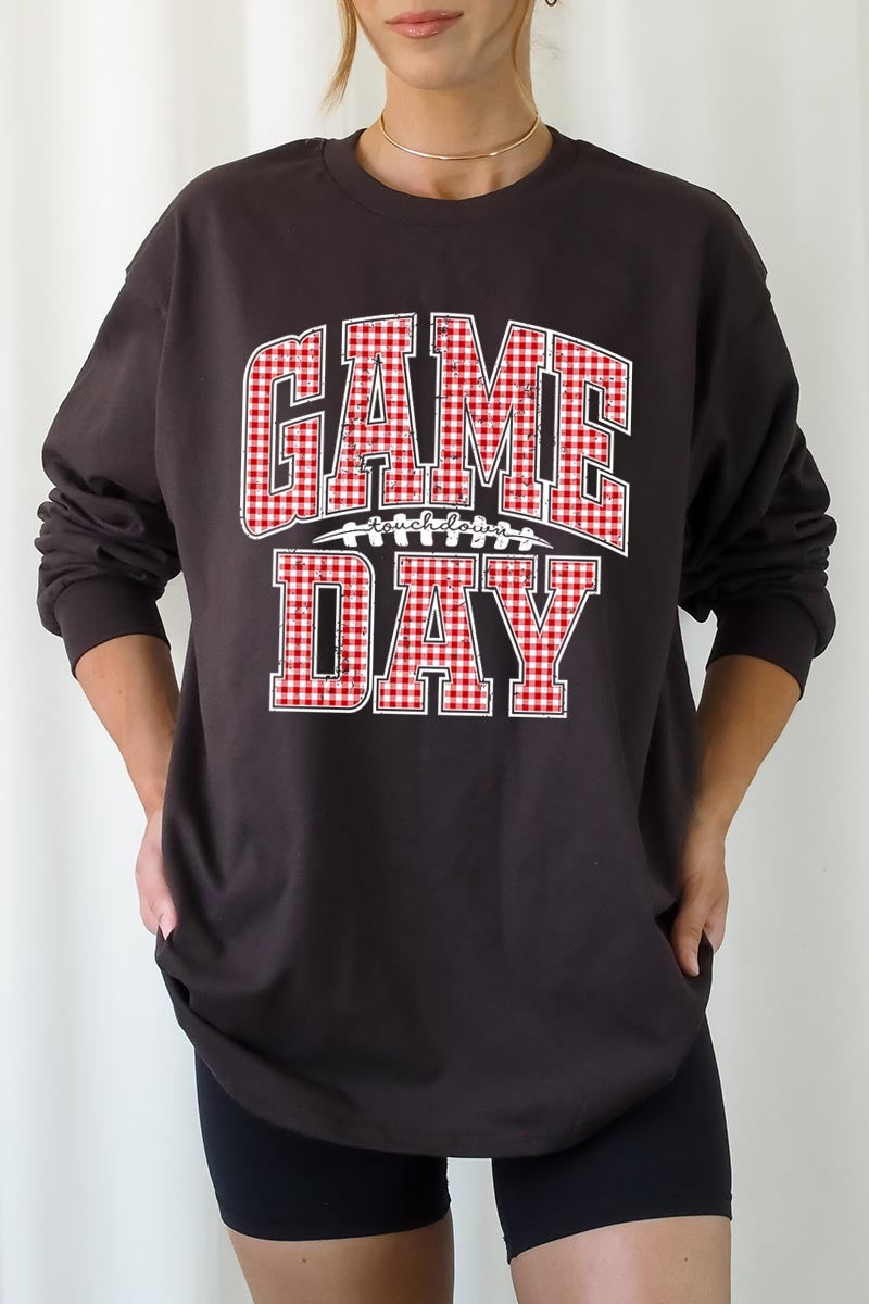 UL240P-E3126 Red Gingham Game Day Graphic Plus Long Sleeve Tee $17