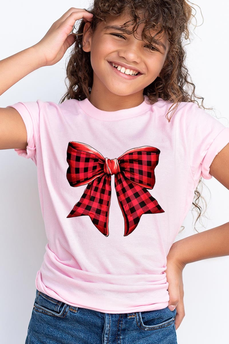 US3001Y-E3198Z Red Buffalo Plaid Bow Kids Graphic Tee $11