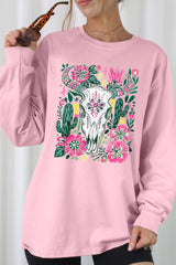 UL240-E3086 Western Floral Cow Skull Graphic Long Sleeve Tee $13.75