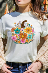 US3001-E3118 Floral Pumpkin Graphic Tee $12.5