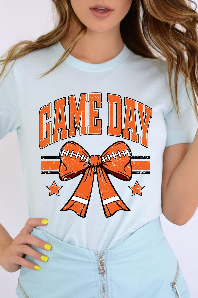 US3001-E3064 Orange Game Day Football Bow Graphic Tee $12.5