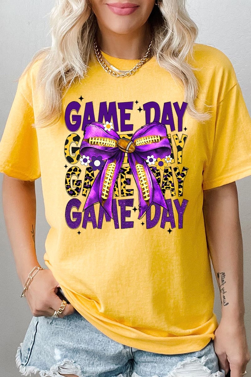 5000P-E3092 Purple Yellow Football Bow Plus Heavy Cotton Tee $12.75