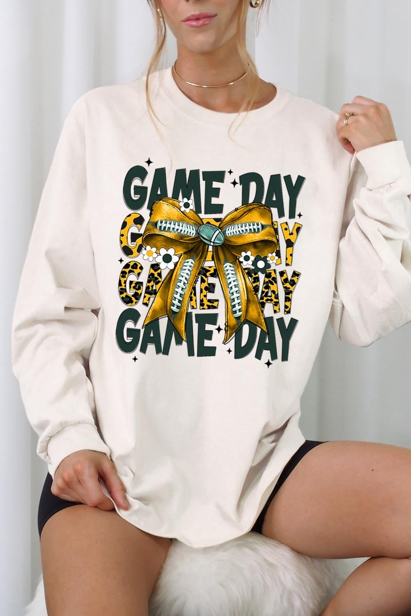 UL240-E3090 Yellow Football Game Day Bow Long Sleeve Tee $13.75