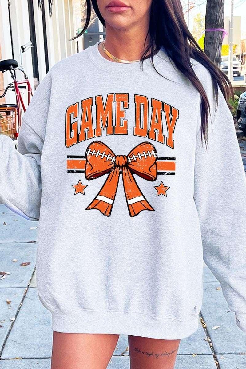 UL180P-E3064 Orange Game Day Football Bow Plus Sweatshirt $25