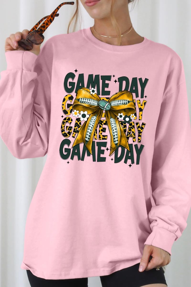 UL240-E3090 Yellow Football Game Day Bow Long Sleeve Tee $13.75