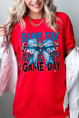 5000-E3089 Blue Silver Football Game Day Bow Heavy Cotton Tee $9