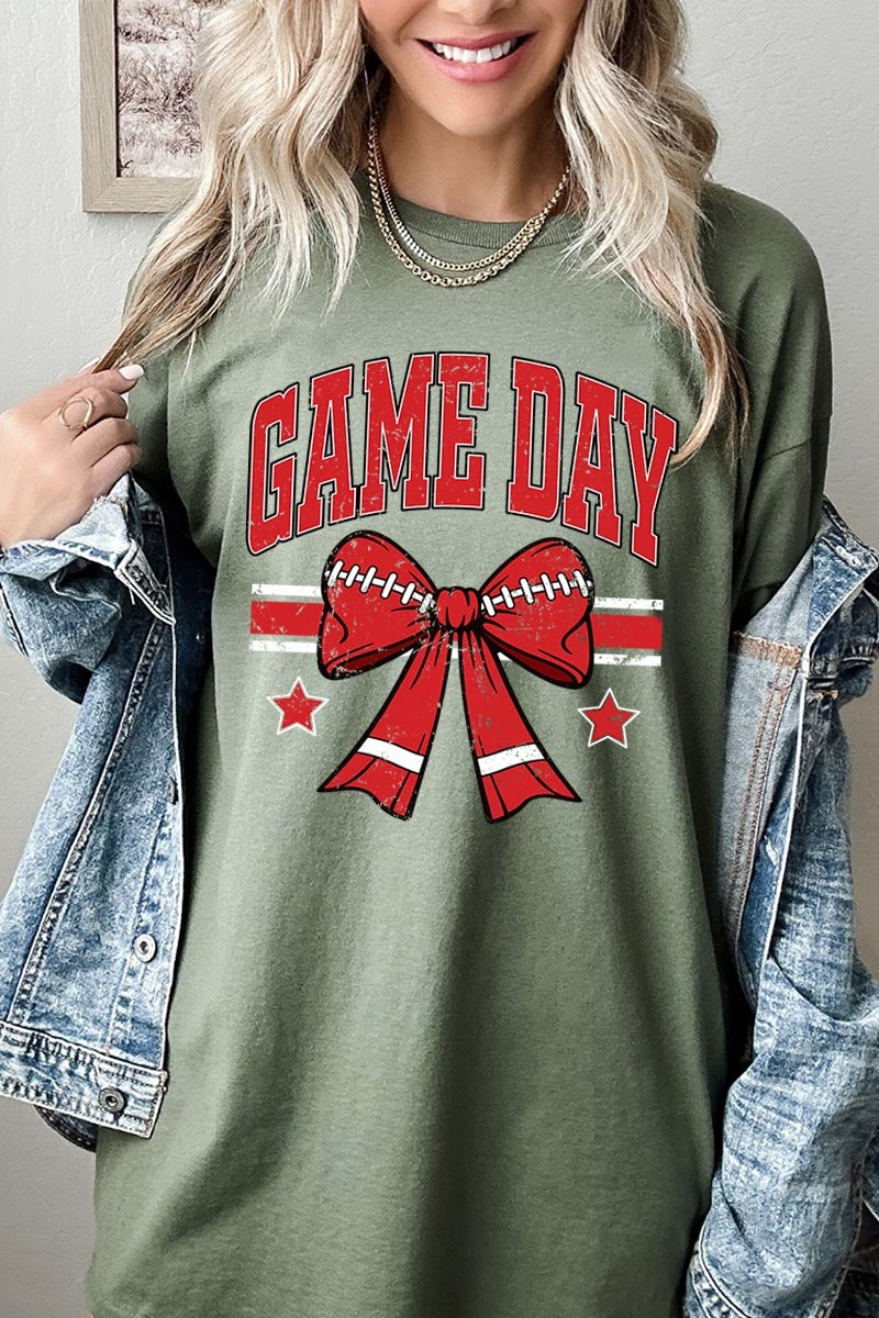 5000-E3062 Red Game Day Football Bow Graphic Heavy Cotton Tee $9